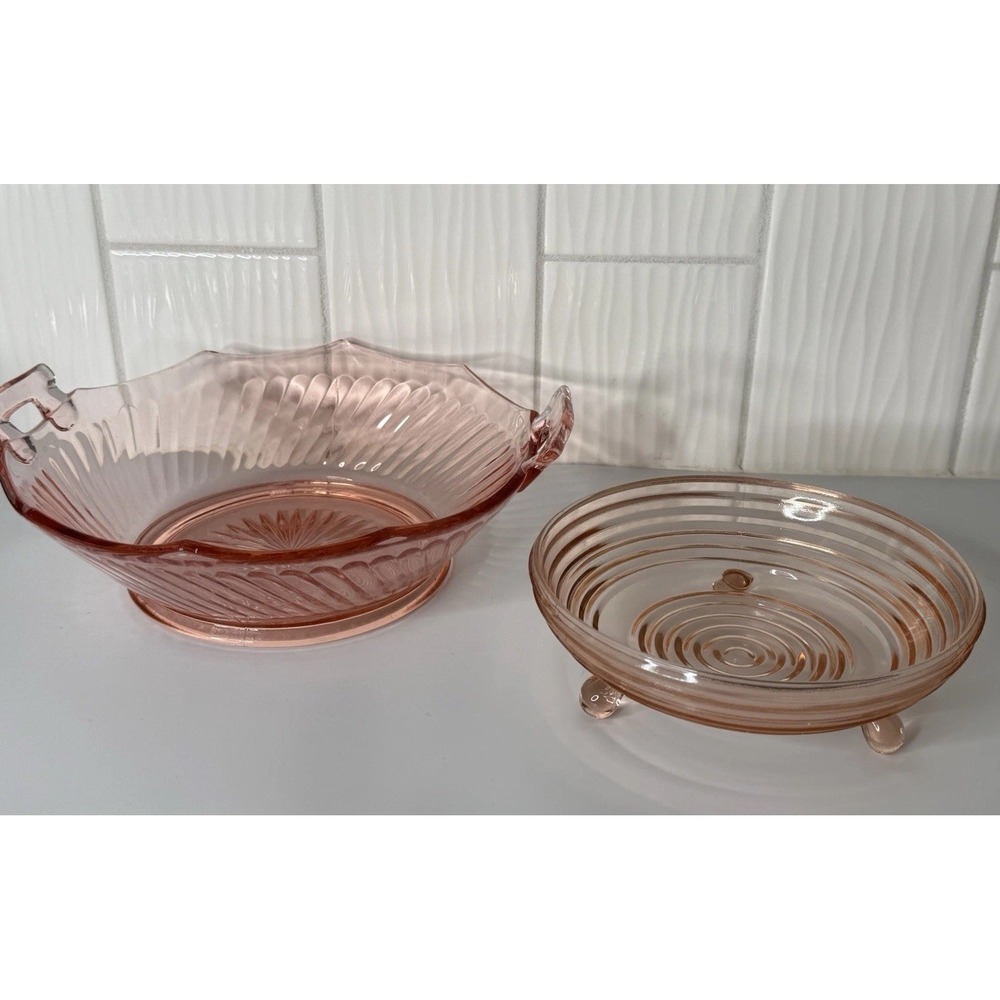 VTG Lot 2 Pink Depression Glass Bowl Federal Glass Co 1940's & Anchor Art Deco